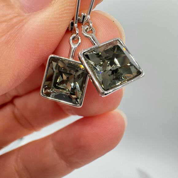 Touchstone Crystal By Swarovski Smokey Silver Tone Leverback Earrings Sparkly - Picture 9 of 14